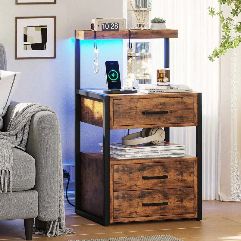 SIKAIC Minimalist Elevated Dual-Use Laptop-Friendly Modern Nightstand - Engineered Wood Indoor Furniture with Charging Station, 2 USB Ports, 2 AC Outlets, 3 Drawers, Open Storage for Bedroom, Charging Ports