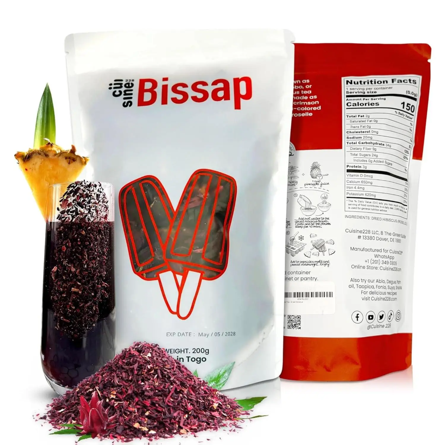 Cuisine228 Organic Hibiscus dried Flowers, 200g – Bissap Handpicked – Sorrel, Roselle, Flor de Jamaica, Karkadé, Zobo | Made in Togo