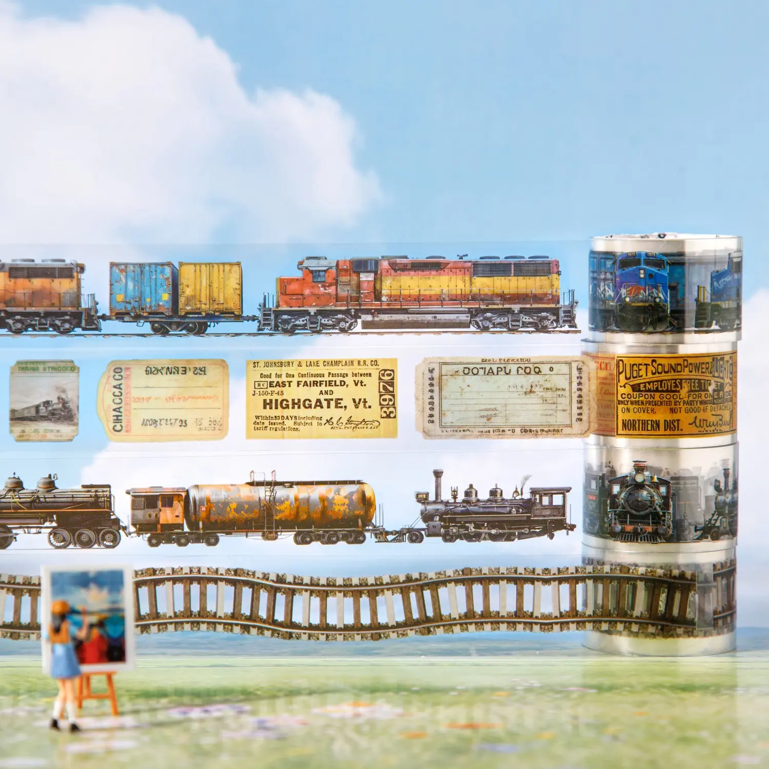 Handmade Craft Tape Roll/bag, Travel Series Train Scenery Tape, Stationery Water Bottle Multi-Scene Base Decoration Sticker