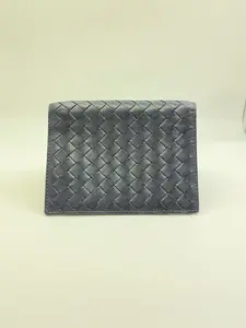 Pre-owned Bottega Veneta Bottega Venetta Neutral Style Black Lambskin Woven Fold over Short Wallet Good Conditon