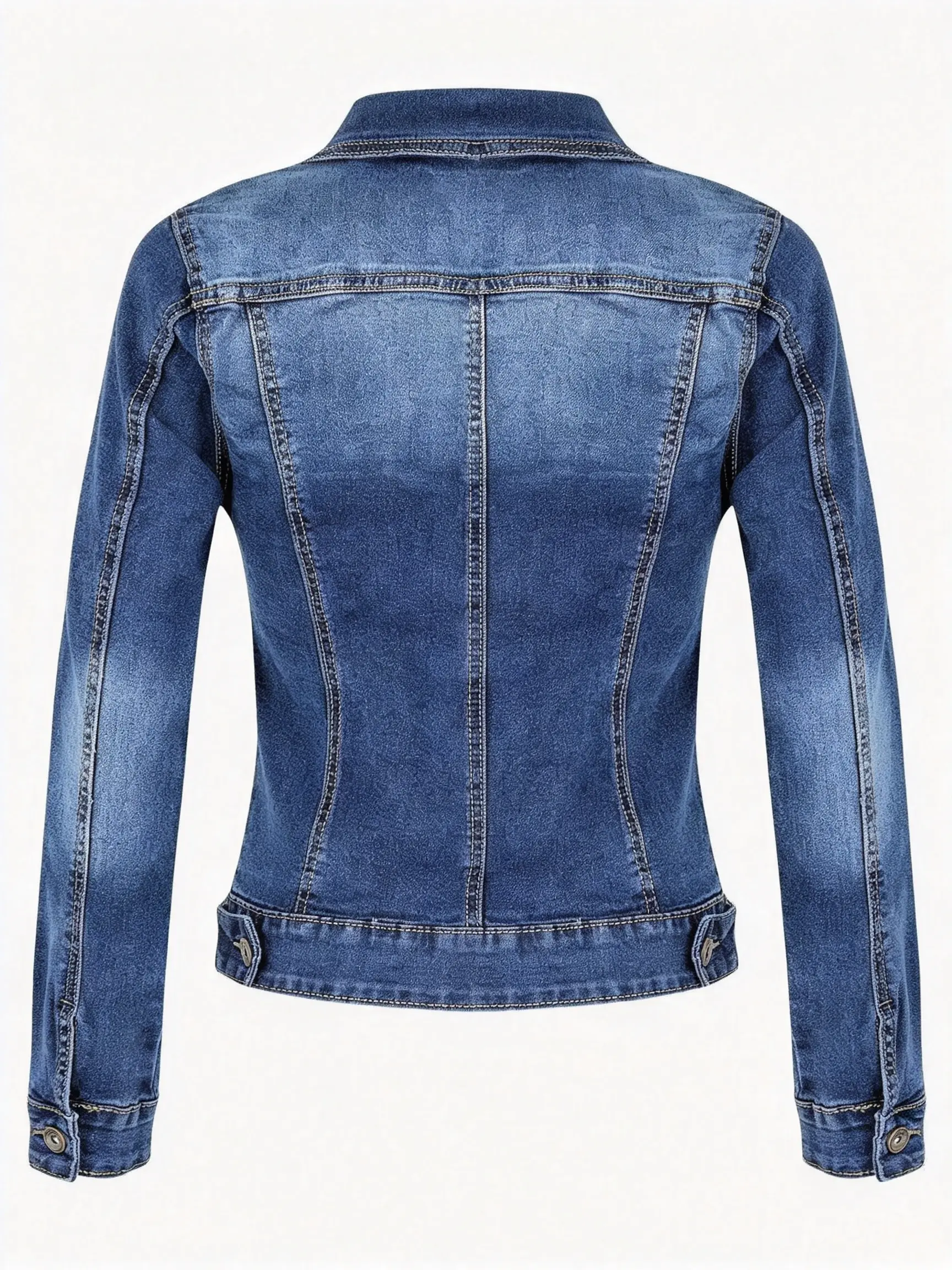 Women's Blue Washed Slim-Fit Denim Jacket - Short Cropped, Ripped, Soft, Simple, Basic, Comfortable, Solid, Breathable Button-Up, Versatile Casual Elegant Spring Womenswear Top, Long Sleeve, Vintage, Collared, Outerwear, Lady, Outdoor, Minimalist