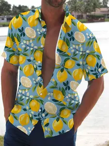 Men's Summer Hawaiian Shirt Lemon Print, Soft Skin-Friendly Material, Casual Vacation Wear, Short Sleeve Fitted Design, Limited Time Offer