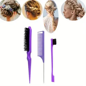 3pcs/Set Dual Sided Edge Brush Hair Styling Combs Set - Rat Tail Comb And Teasing Comb For Women Dual Ended Brush