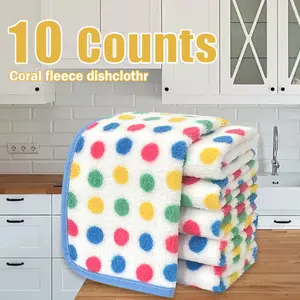 10 Counts Kitchen Dishcloths with Multicolor Dots, Reusable Dish Towels, Super Absorbent Coral Fleece Cleaning Cloths, Anti - oil, launderable, fuzzless, speed - drying