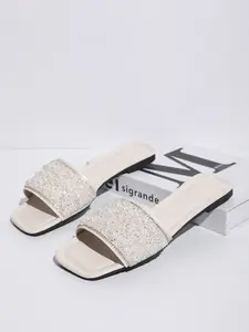 Women's Pearl Rhinestone Square Toe Flat Sandals, Sparkly Strap Flip Flops, Wedding Bridesmaid Shoes, Summer Beach Essential