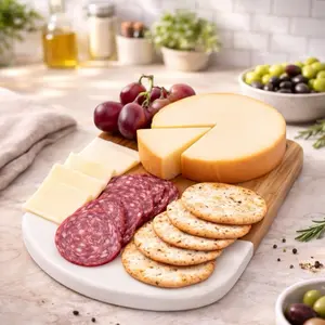 Slice of Goodness Small Round Rectangular Cheese Board 12" x 6' Real Acacia Wood and Marble Charcuterie Board Party Plate Tray with Wooden Handle for Elegant Serving