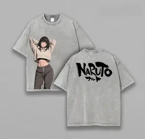 Menswear Oversized Vintage Washed Hinata x Naruto Anime Double-Printed Heavyweight Cotton T-Shirt - Unisex Seamless Top Apparel for Anime Fans SWQ