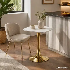 24-In Square MDF Top Tulip Modern Dining Table - Sturdy Golden Metal Pedestal Base, Easy Setup, Indoor Furniture Table for 2-4 Persons, Ideal for Small Spaces & Apartments (White & Gold)