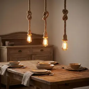 Rustic hemp rope pendant lamp, retro industrial-style single-head hanging ceiling lamp, suitable for kitchen island, restaurant, cafe, bar country-style lighting fixtures - socket compatible with E26 / E27 (bulb not included), two-pack.