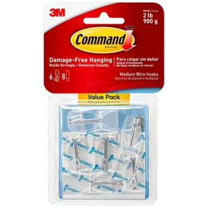 Command Medium Wire Toggle Hooks, Damage Free Hanging with Adhesive Strips, No Tools Wall Hooks, 6 Clear Hooks and 8 Strips
