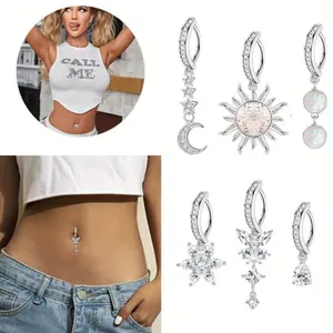 6Pcs 14G Clicker Belly Button Rings Dangle Belly Rings for Women Surgical Steel Hoop Belly Button Ring Butterfly Moon CZ Opal Flower Belly Button Piercing Jewelry
