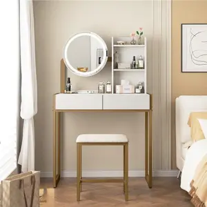Small Vanity Desk with Mirror and Lights, Makeup Vanity Table with LED Mirror, 3 Lighting Modes, Power Outlet, Drawer, Open Shelves and Cushioned Stool for Bedroom ((White and Gold)