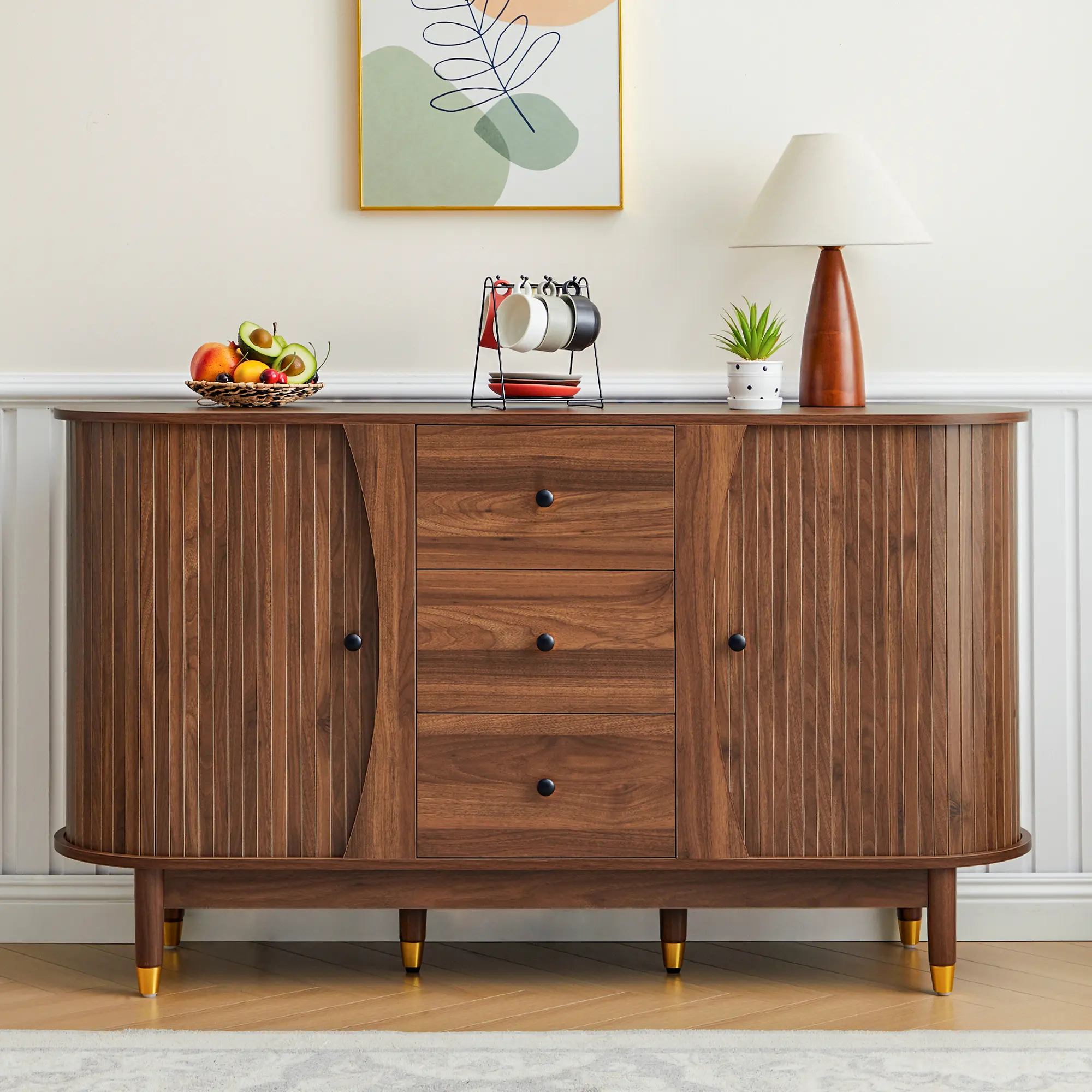 FurSch Mid-Century Modern Fluted Sideboard Buffet, Oval Curved Edge Storage Cabinet with Drawers, Stylish Storage Solution for Living or Dining Room