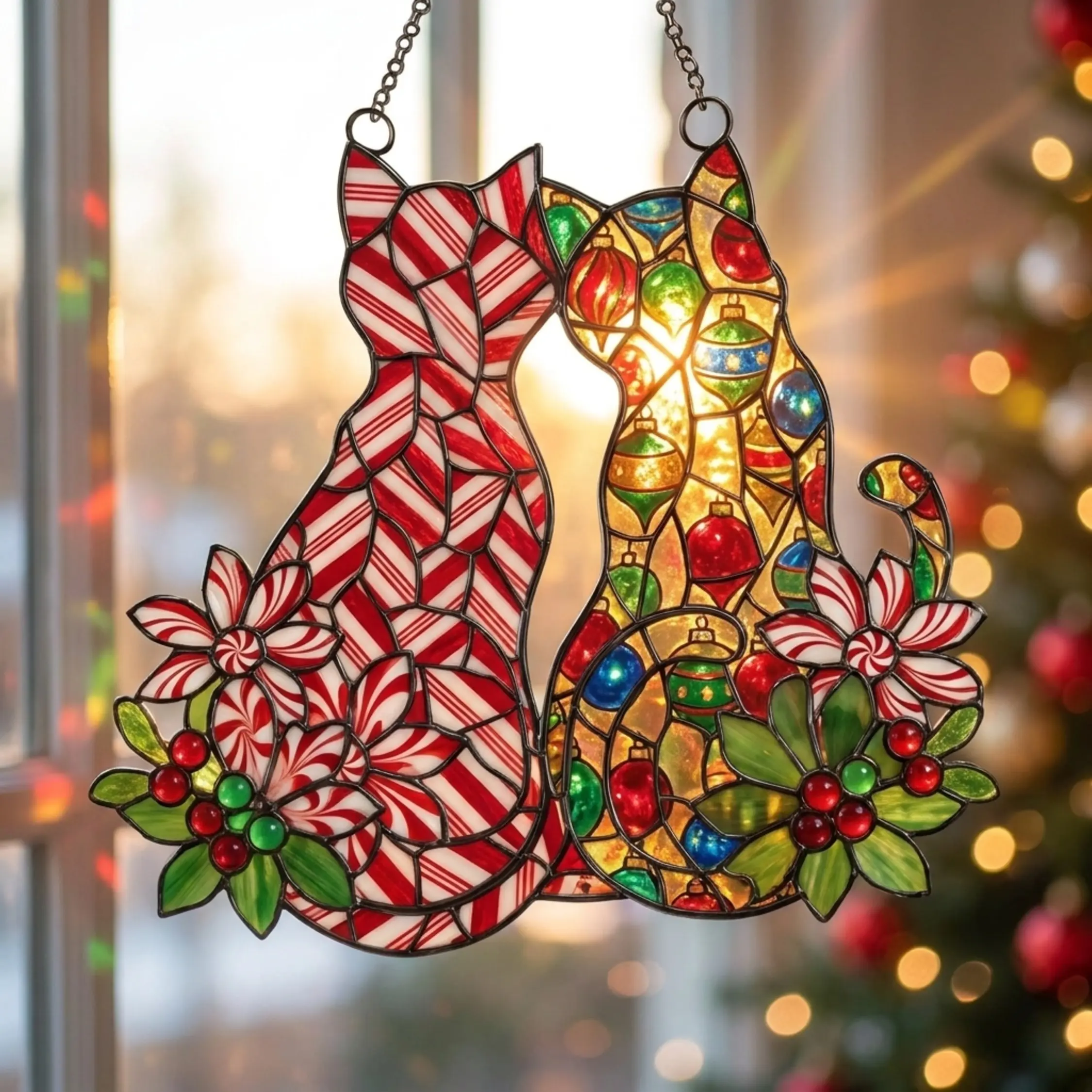 Candy Cane Christmas Cats Stained Glass Suncatcher, Shaped Couple Cats Festive Lights Window Hanging Decor, Holiday Candyland Acrylic Panel, Xmas Cat Mom Gift