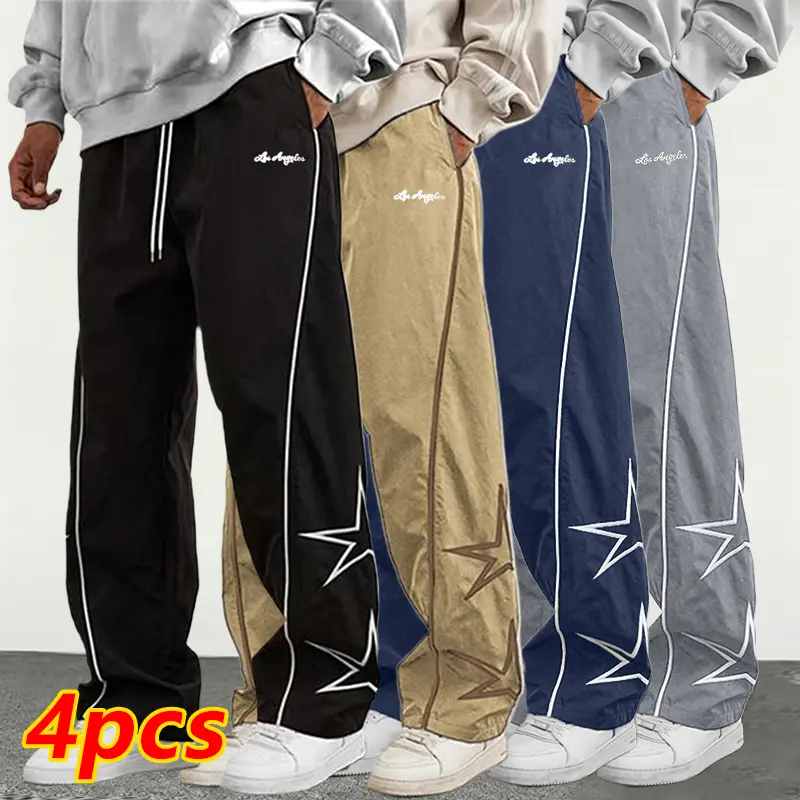 Men's All-Season Loose Tapered Cuff Star-Pattern Embroidered Athletic Pants, Fashion Casual Comfortable Trousers, Polyester Fabric, Trendy Men's Sweatpants