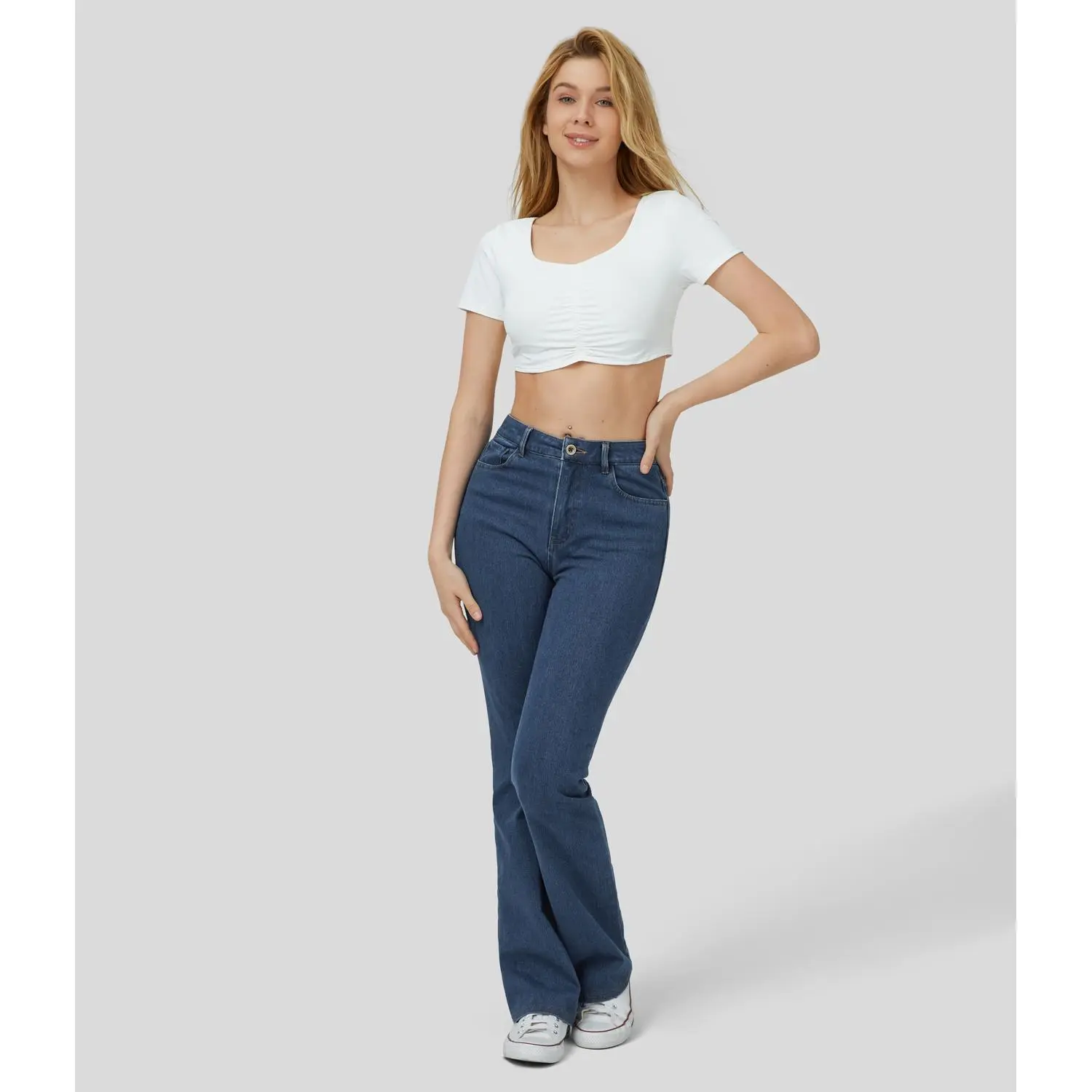 Halara Magic Mid Rise Button Pockets Stretchy Knit Casual Slight Flare Jeans, Bootcut Denim Pants #BackToSchool