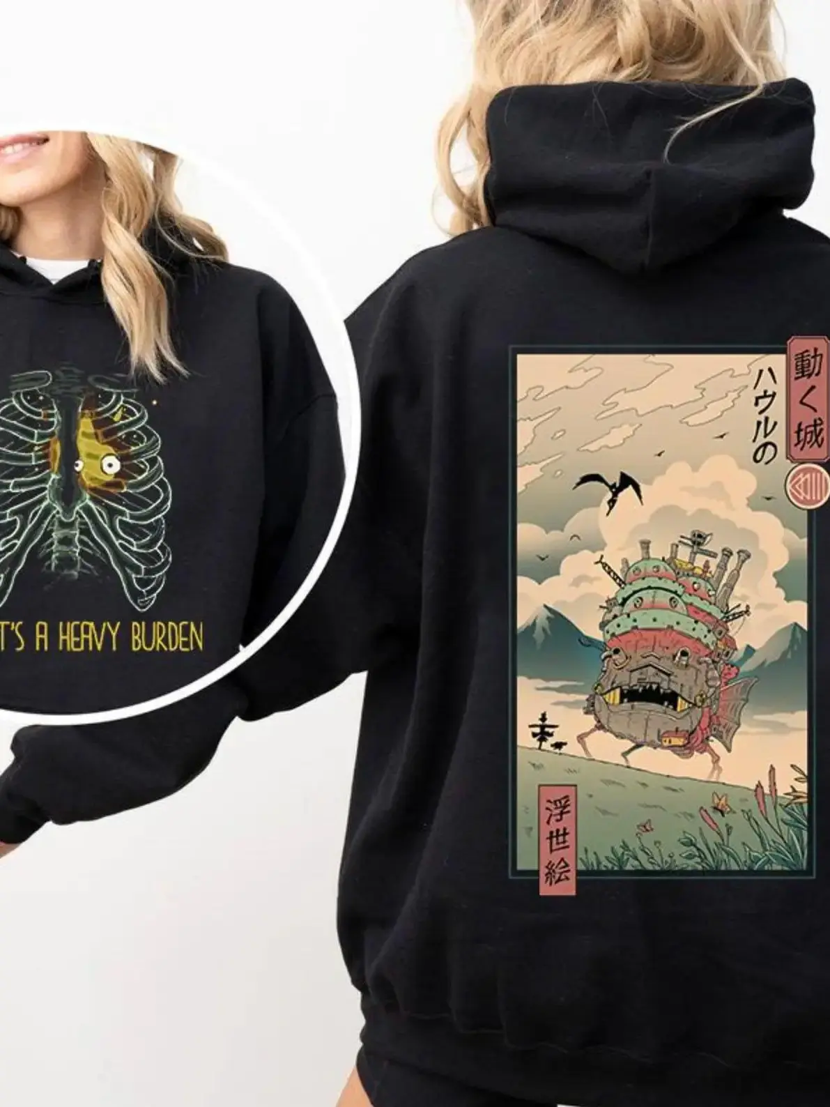 Women's Studio Ghibli Howl's Moving Castle 2-Sided Graphic Hoodie - Unisex Streetwear Sweatshirt Tee, Everyday Winter Casual Full-Size Quote Print Top, Piece, Casual Ootd, Double Side, Full Print Womenswear Black Long Sleeve