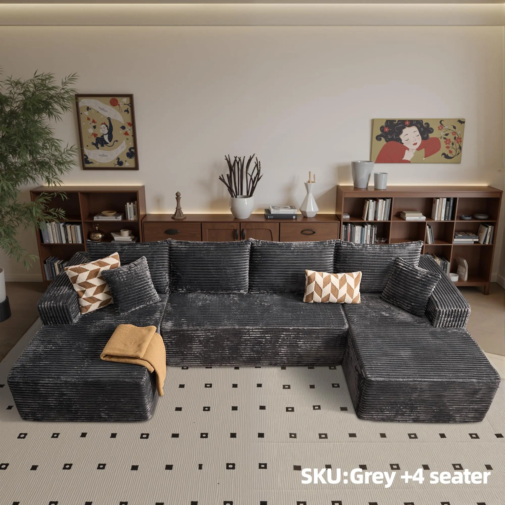132" U-Shaped Cloud Couch, Plush Corduroy Modular Boneless Sectional with Double Chaise, No-Assembly Deep-Seat Sofa Set (3 Packages Shipping) for Living Room Indoor Furniture,dorm essentials,home decor