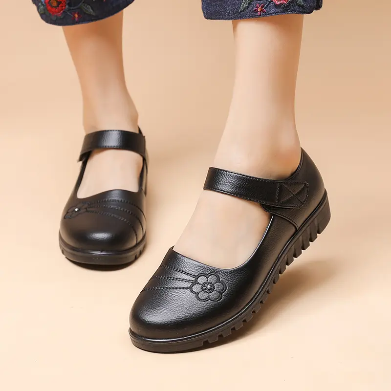 Women's Elegant Black Floral Embroidery Flats - PU Leather, Synthetic Material, Adjustable Hook-and-Loop Strap, Non-Slip Comfort Sole, Stable Flat Platform, Arch Support Casual Footwear for Walking