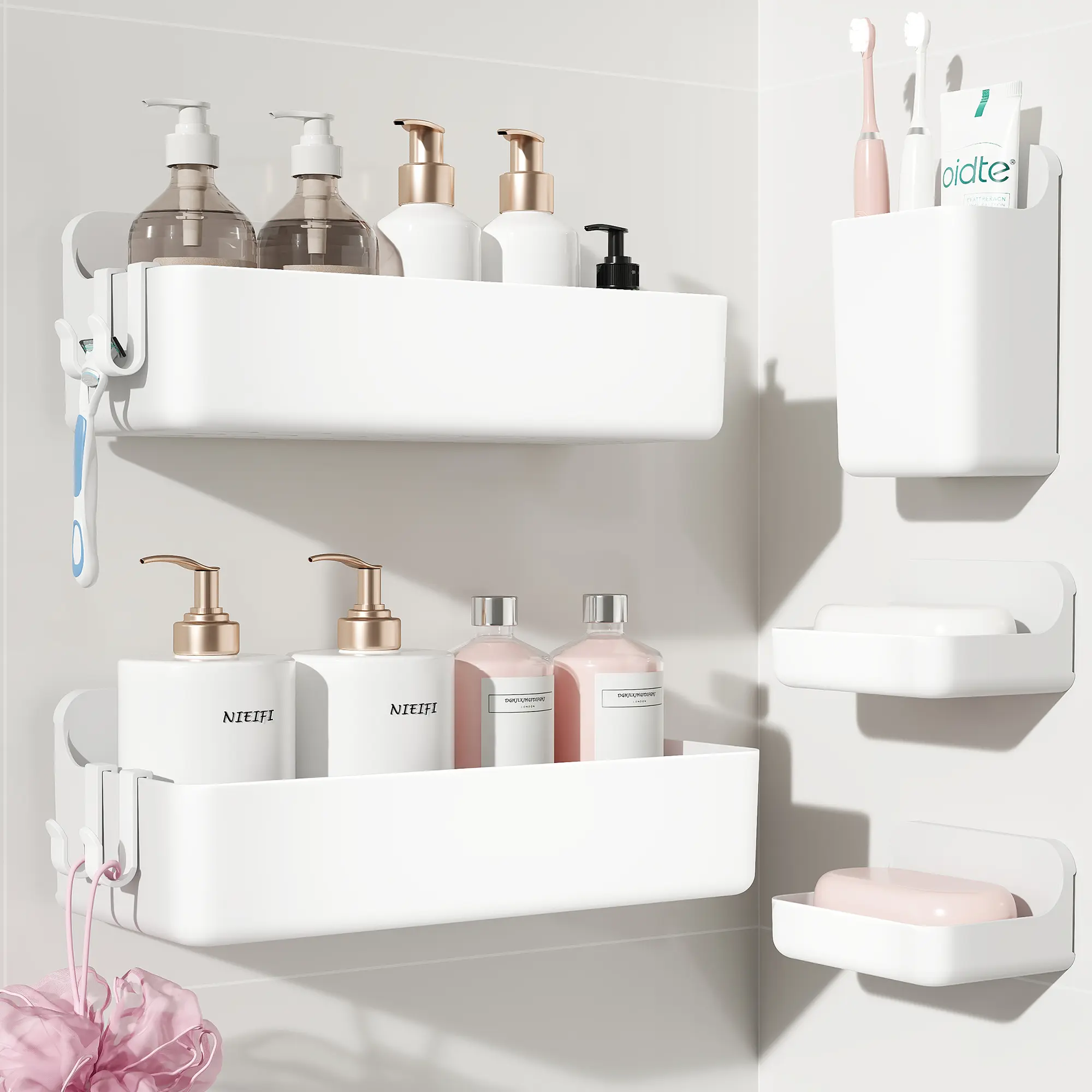 Nieifi 5-Pack Adhesive Shower Shelf Trays, White Modern Rustproof ABS Drain Shower Accessories, Large Capacity, Removable, Easy-Clean, No-Drill Bathroom Organizer for Storage & Home Decor