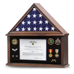 Large Burial Flag Display Case American Flag Solid Wood Display Case Fits a 5 X 9.5 Flag Folded Military Shadow Box Flag Display Case with Certificate Holder Walnut Finish