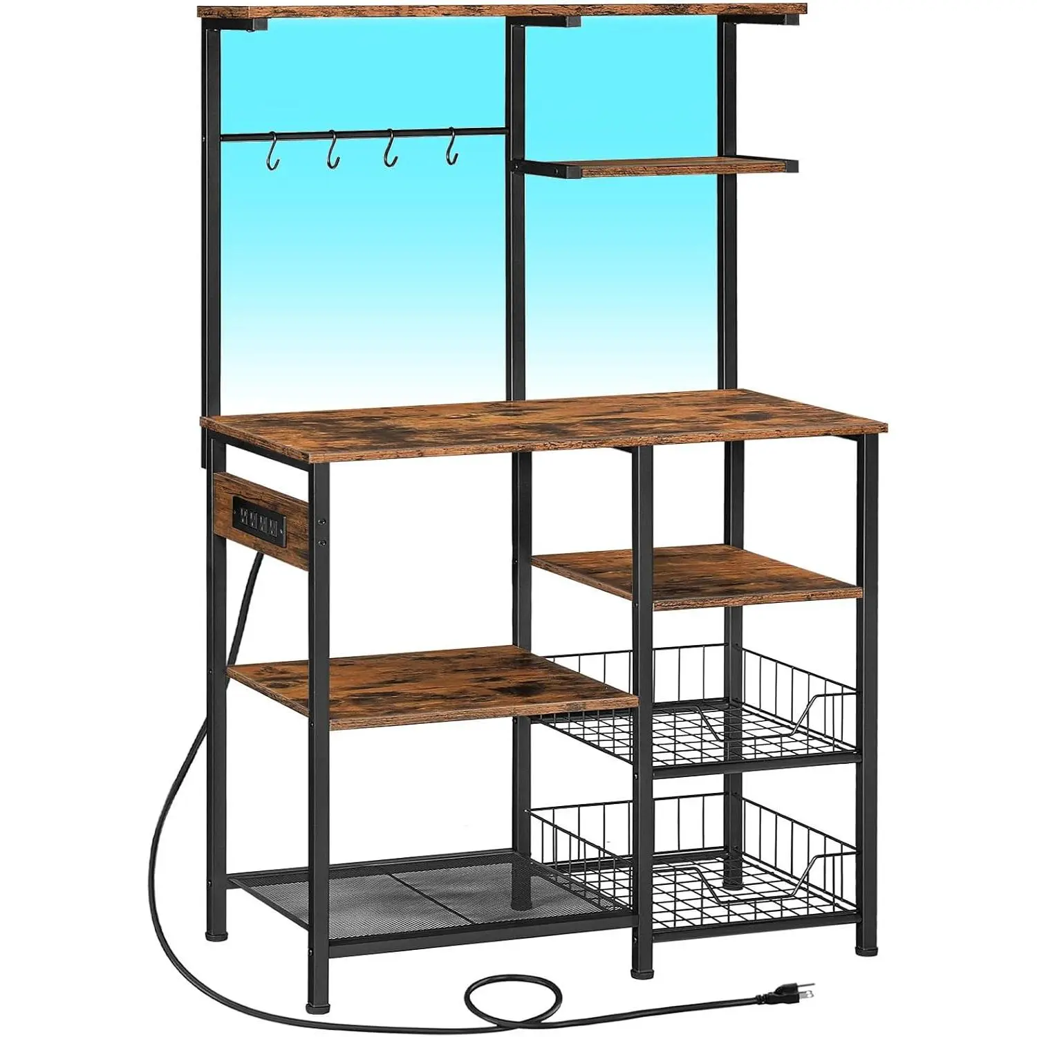 Rustic Brown & Black Industrial Iron Baker's Rack with Steel Frame, Sturdy Legs, 3 AC & 3 USB Outlets, LED Light Strip, 6-Tier Microwave Stand, Wire Baskets, 4 Hooks, Easy Setup, Storage, Festival Atmosphere Ambiance Kitchen Utility Shelf (BF64UDHB01)