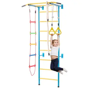 5-in-1 Colorful Indoor Playroom Playground Set for Toddlers - Carbon Steel Swedish Ladder, Wall Climber, Pull-Up Bar, Rope Climber, Gymnastic Rings Kit, 220lb Weight Capacity