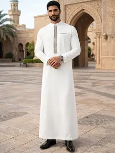 Men's Traditional Middle Eastern Robe Thobe, Ethnic Style Geometric Embroidery, Classic Stand Collar Long Sleeve, Festival Clothing, Modesty Thobe