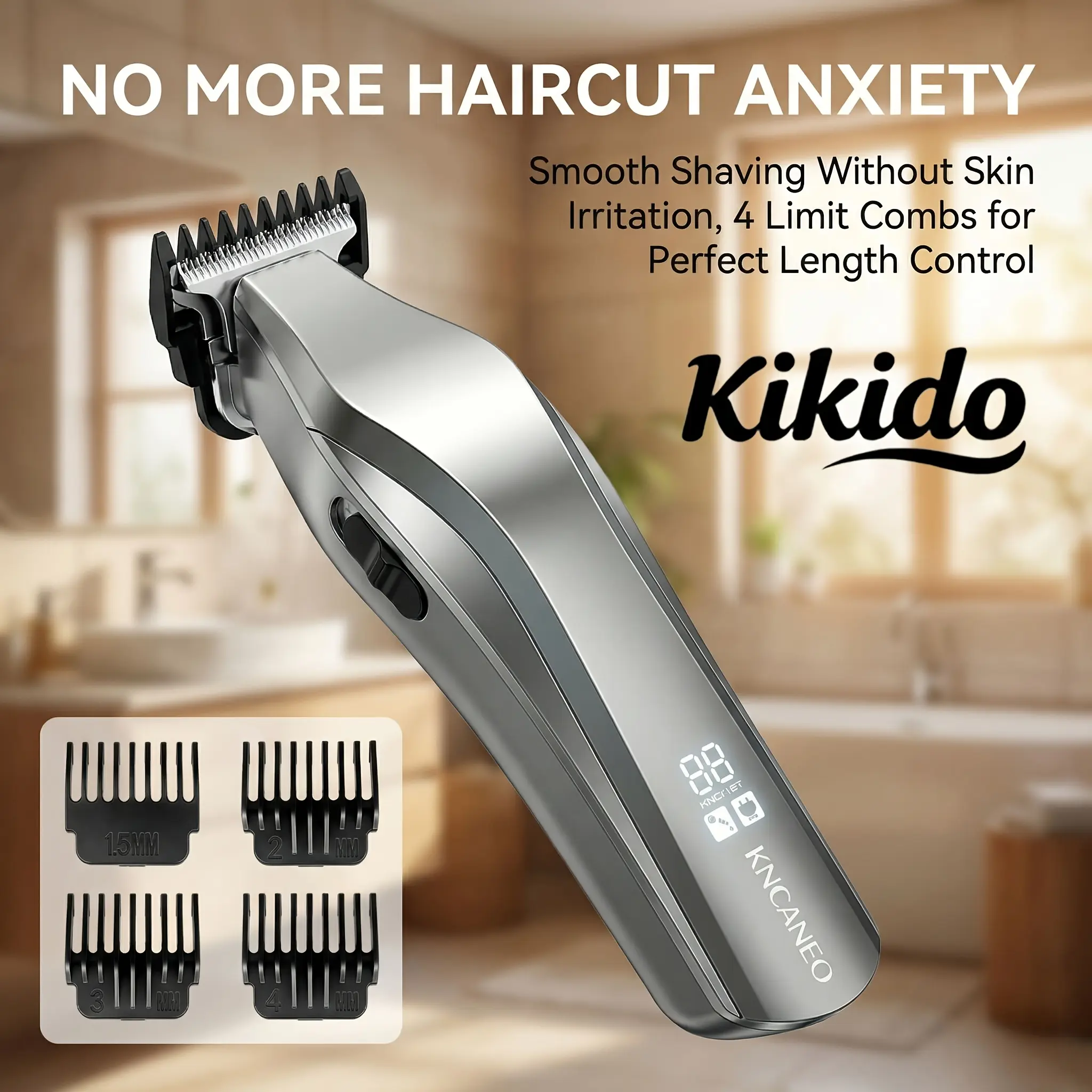 Kikido Professional Hair Trimmer for Face Head Beard Men Barber Style 4 Guide Combs Perfect Length Control No Irritation Cordless