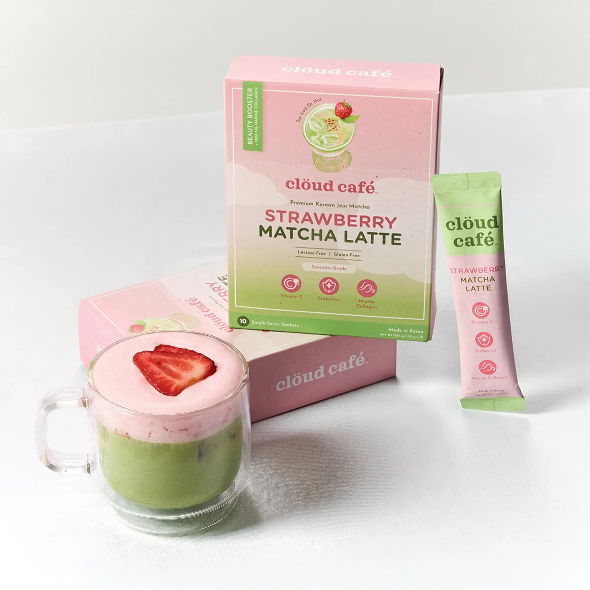 Cloud Café Premium Korean Jeju Matcha Strawberry Latte - 10 Sachets, Lactose-Free, Gluten-Free, Collagen & Vitamin C Infused Drink