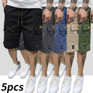 5-pack men’s summer casual shorts: multi-pocket loose fit shorts—perfect choice; cargo shorts with large pockets; summer workwear knee-length shorts; trendy straight-leg casual basketball shorts.,summervibes