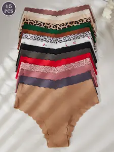 Women's Solid Color & All Over Print Seamless Briefs with Scallop Trim (5/7/10/15/30 Pcs), Colorful Design, Comfortable Skin-friendly Breathable Underwear for All Seasons