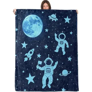 Glow in The Dark Space Blanket,50x60in,Cozy Flannel Throw with Cute Astronaut Rocket Ship Planet UFO Star Navy Design,Soft Lightweight Gifts Blankets for Boys,Sofa Bed Travel Camping Decor