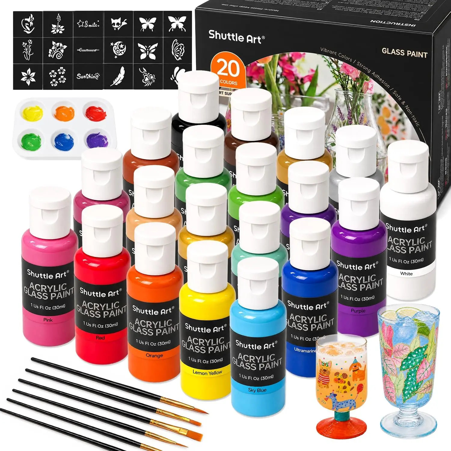Shuttle Art 20 Colors Stained Glass Paint, 1oz/30ml Waterproof Enamel Paint | Stained Glass Acrylic Paint Set, Scratch & Fade Resistant, Dishwasher Safe, Ideal for Glass, Mirrors, Windows, Jars, Crafts