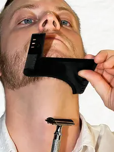 Men's Multifunctional Beard Comb with Brush, Styling Template Comb for Sideburns, Trimming and Shaping, Makeup Brush Included