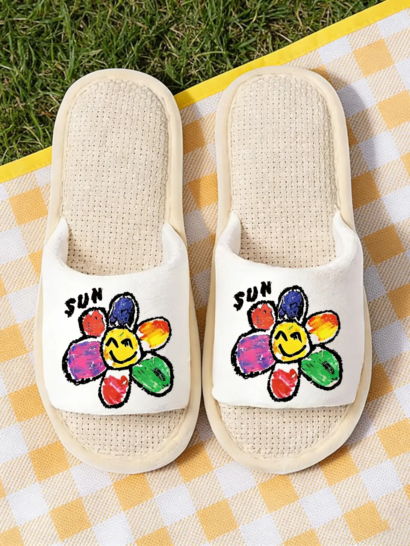 Energetic Rainbow Graffiti Sunflower Linen Slippers, Breathable Waffle Insole, Sun Letter Design Cartoon, Casual Home Footwear for Women