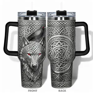 1pc Stainless Steel Cup, Tumbler, 40oz Water Bottle, Reusable Vacuum Insulated Cups, Double Wall Insulated Design With Celtic Wolf and Raven Leakproof Large Capacity, For Gym, Hiking, Travel, Insulated Mug