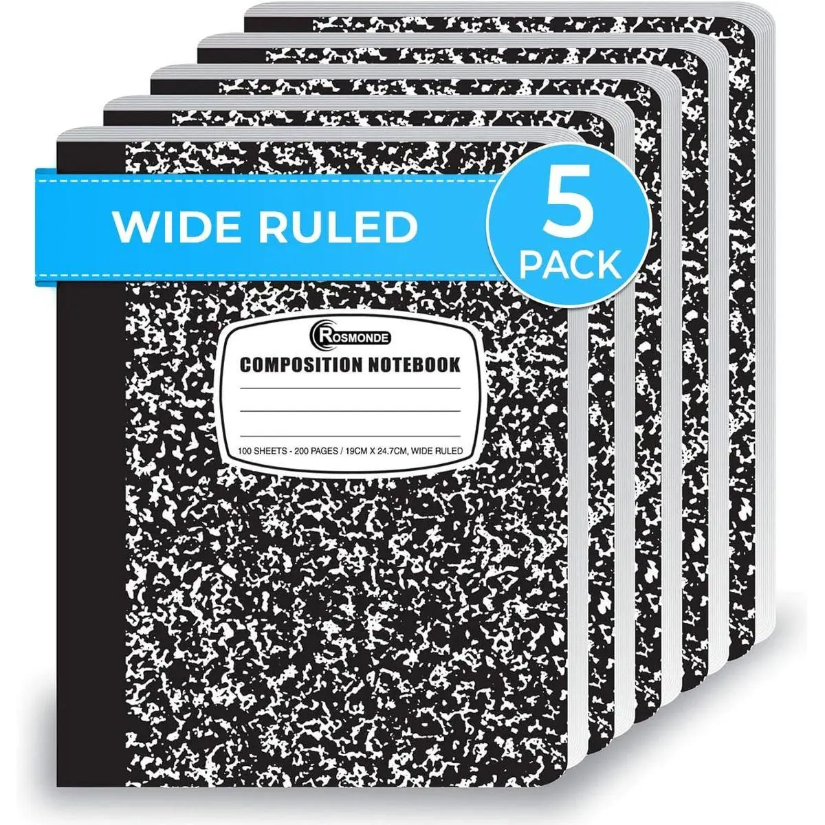 5 Pack Wide Ruled Composition Notebook, Black Marble Notebooks | Wide Ruled Notebook, 200 Pages (100 Sheets), 9-3/4 x 7-1/2, Hard Cover Notebooks for School, College & Office Supplies