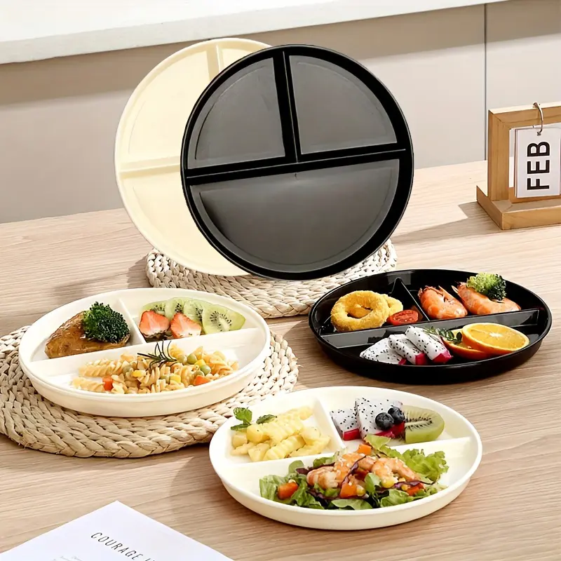 5pcs Divided Round Plates with 3 Compartments, Salad Plates Set, Microwave and Dishwasher Safe Tableware, Anti-Spill Food Plate for Salad Dessert Meat Fruit, Salad Serving Plates, Divider Plate
