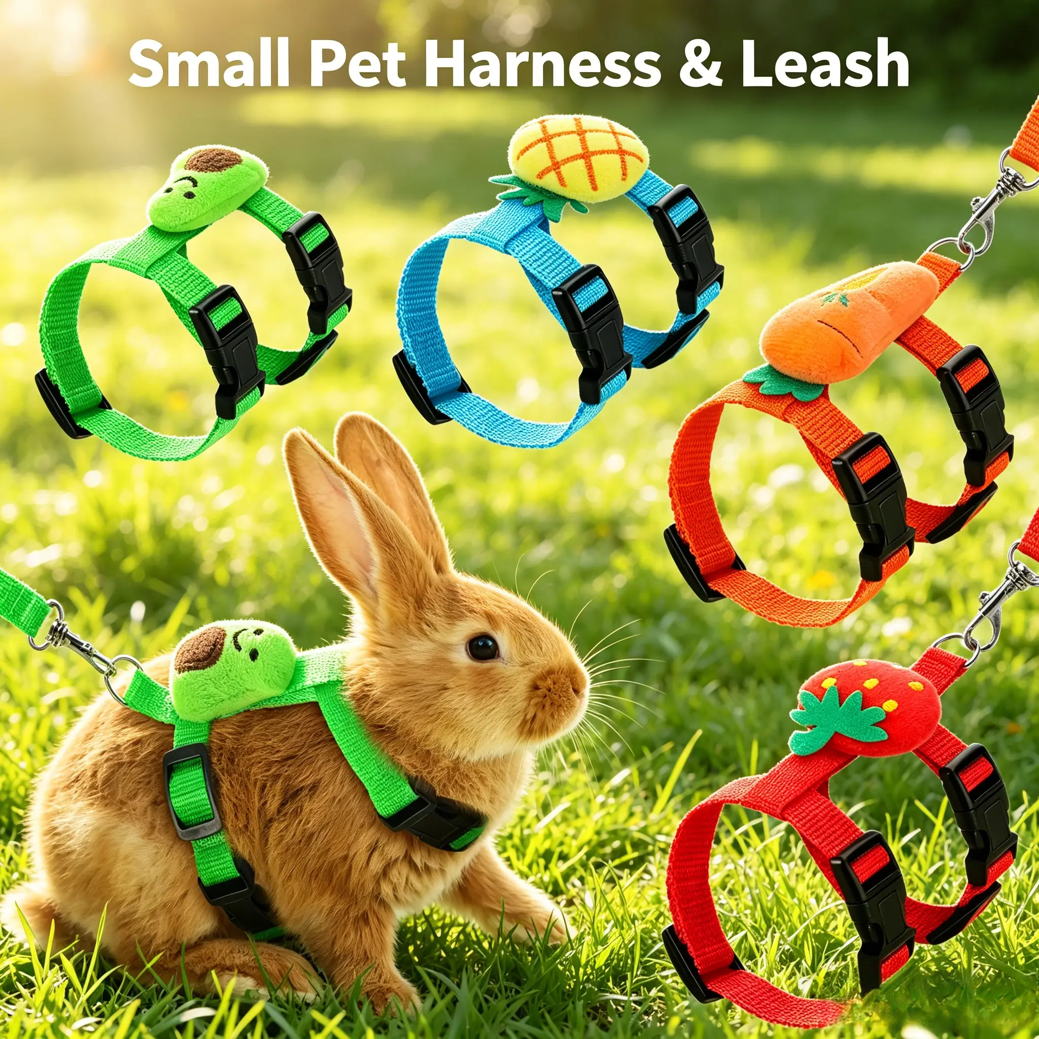 4-Set Adjustable Fit Harness Leash for Bunnies/Ferrets - Gentle Skin-Safe Fabric Vest, Fruit Decoration & Charms, Neck:7.1–10.2 Inches - All Seasons Small Pet Leads & Harnesses for Walks, Backyard Jogging