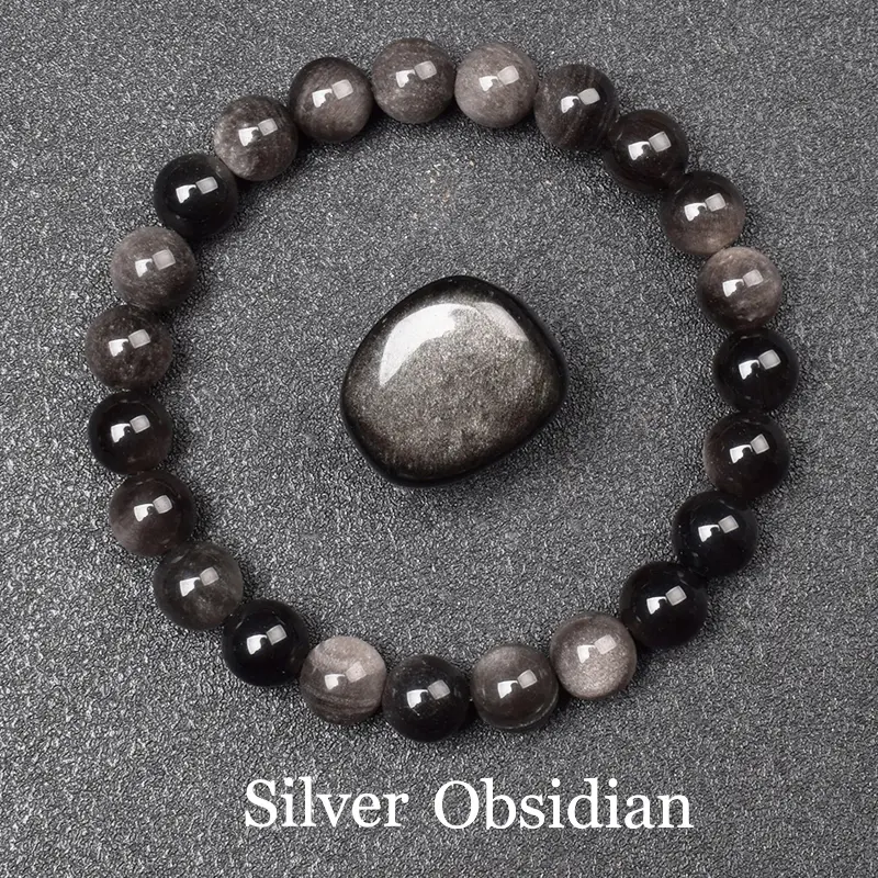 Natural Silver Color Obsidian Bracelet Men Women Original Natural Stone Beads Black Crystal Gems Sheen Energy Protection Jewelry