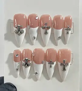 White French Tip with Silver Cross Short Coffin Press on Nail, Custom Acrylic Fake/False Nail, Glue on Nail, Gel Nail Art, Gift For Her/BFF