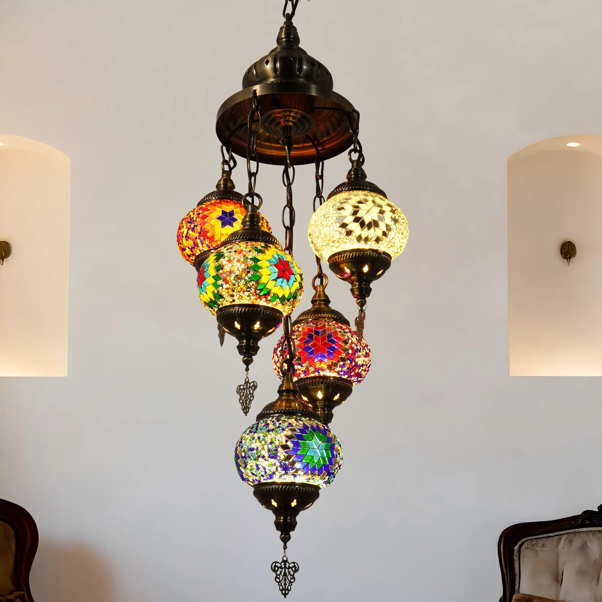Handmade Turkish Glass Mosaic 5-Headed Chandelier, High-Quality Craftsmanship, Unique Design, Bulb Included, Artistic Chandeliers for Romantic Dining Room Indoor Lighting
