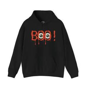 BOO! Dripping Eyeball Halloween Hoodie – Spooky Cute Sweatshirt for Halloween Lovers | Unisex Heavy Blend™ Hooded Sweatshirt