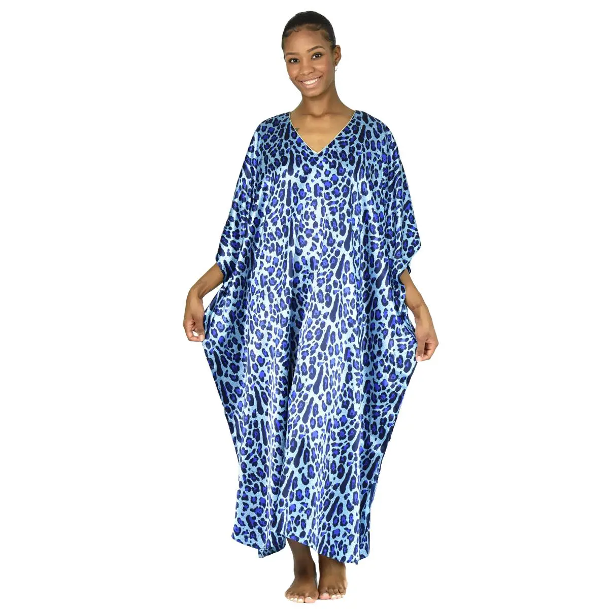 Up2date Fashion Women's Satin Caftan/kaftan, Blue Animal Print, One Size, Style Caf-65BLU