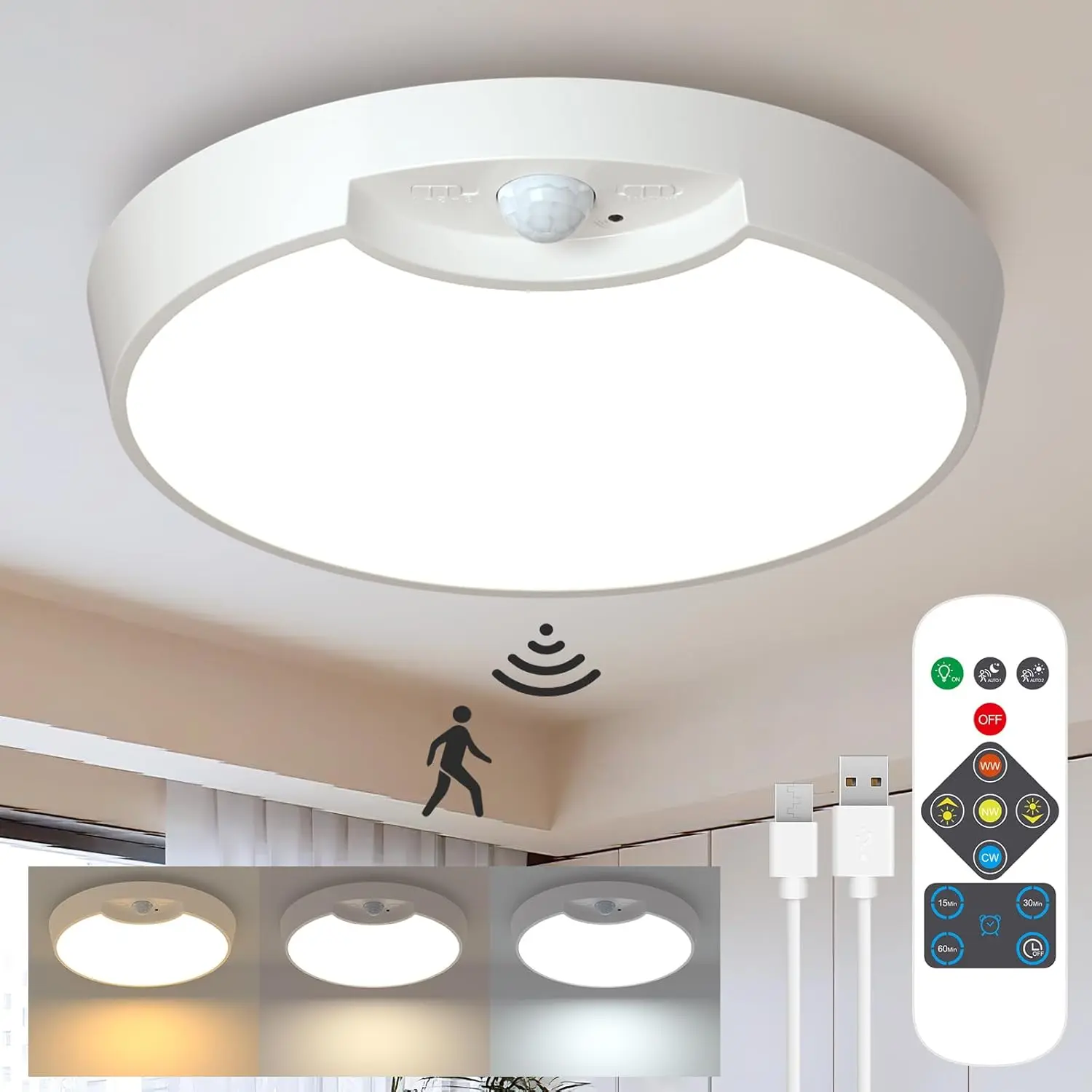 [Summer Finds] Rechargeable Ceiling Light, 3 color modes, motion sensor with Remote, 8000mAh Battery Operated Ceiling Light  for Closets, Shower, Stairs, Dimmable Lighting Adjustable Lighting,[Summer Bibes]