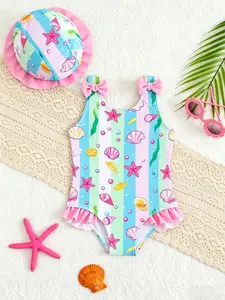 Toddler Girls One Piece Swimsuit with Hat, Cute Mermaid Seashell Print, Ruffle Bow Swimwear, Summer Beach Bathing Suit for Kids