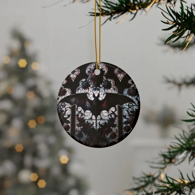 Gothic Bat Ceramic Ornaments - Circle, Star, Heart and Oval Shapes