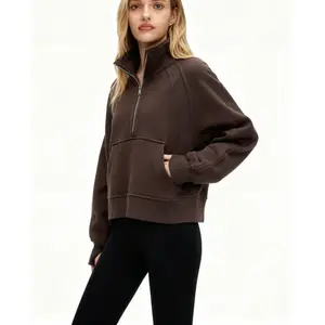 Autumn Winter Thickened Sports Jacket for Women Lulu Fleece Yoga Wear Long Sleeve Chimney High Neck Half Zip Loose Sweatshirt Thermal Lined Outerwear