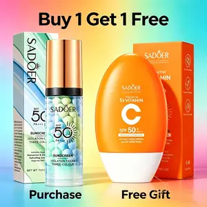 Buy 1 get 1 free; total of two bottles. SPF 50+ PA+++ three-in-one sunscreen primer + vitamin C sunscreen—suitable for an entire summer with a summery vibe.